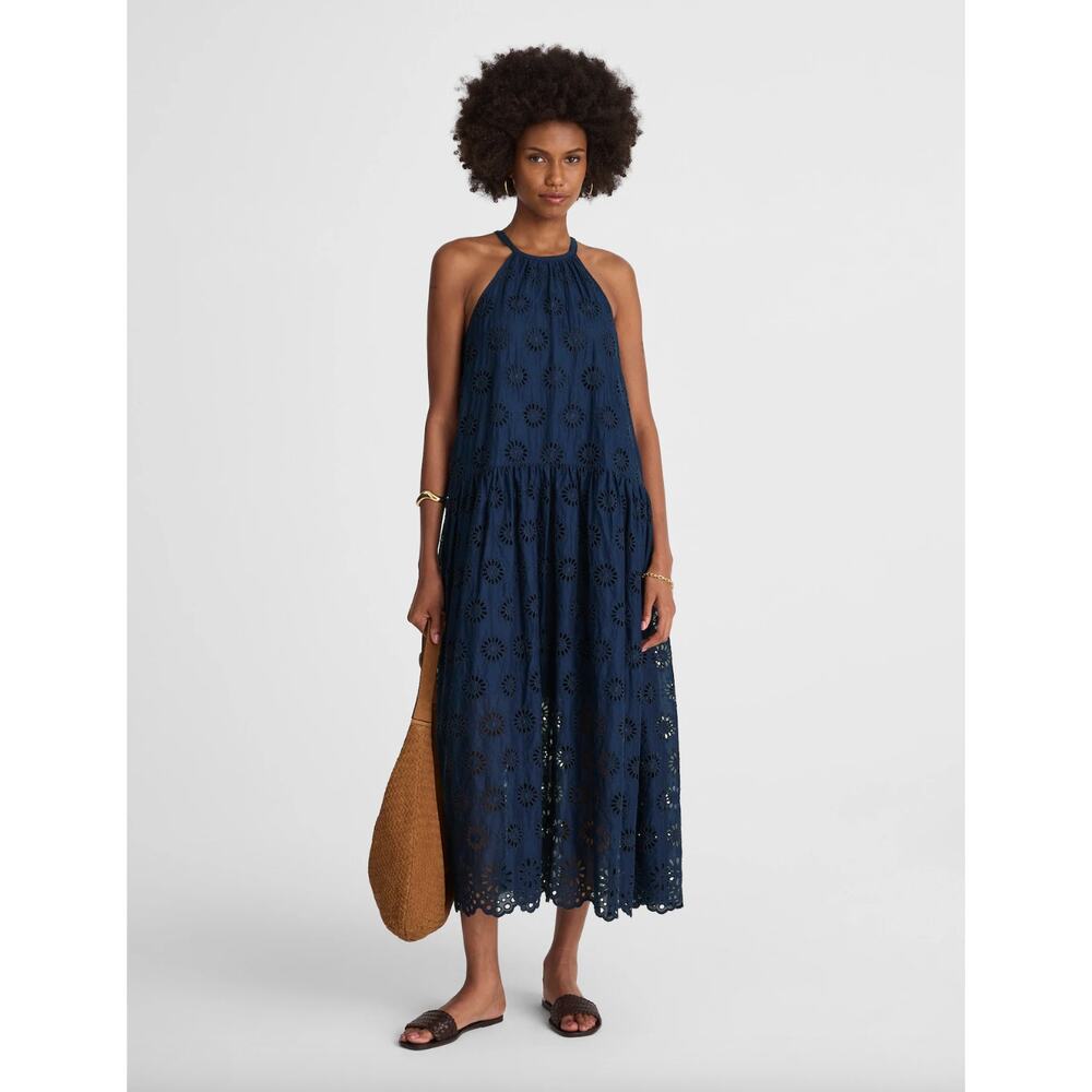Madewell Embroidered Drop Waist Maxi Dress Dark Indigo Navy Relaxed XS NWT